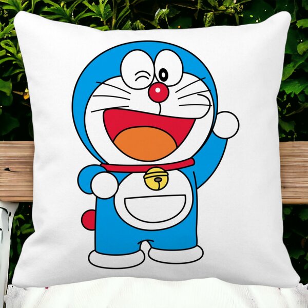 Perna Decorativa Patrata copii Doraemon, 40x40 cm, Alba, Mata, Husa Detasabila, Burduf 12 40x40 cm