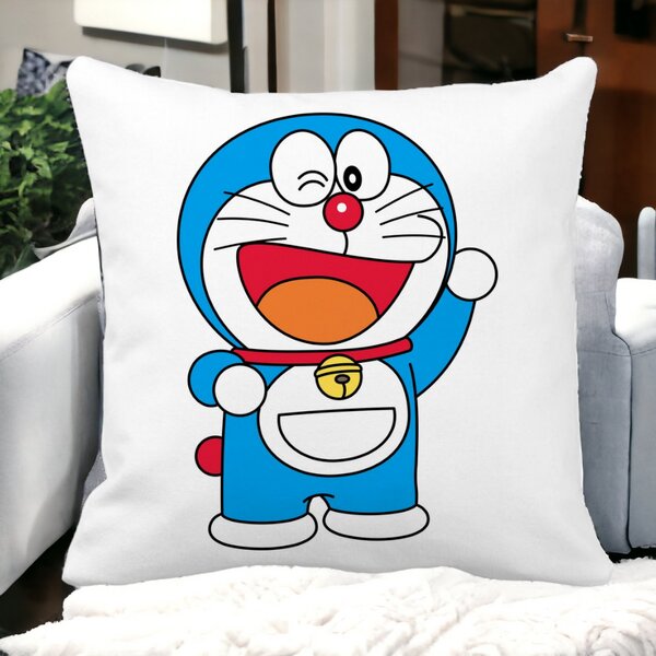 Perna Decorativa Patrata copii Doraemon, 40x40 cm, Alba, Mata, Husa Detasabila, Burduf 13 Alba