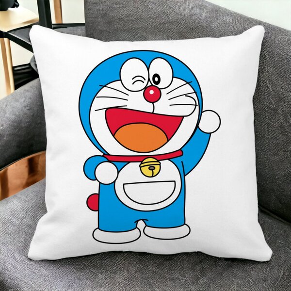 Perna Decorativa Patrata copii Doraemon, 40x40 cm, Alba, Mata, Husa Detasabila, Burduf 14 Mata