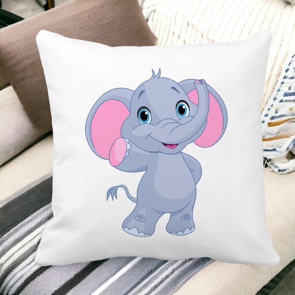 Perna Decorativa Patrata copii Elefant, 40x40 cm, Alba, Mata, Husa Detasabila, Burduf 14 Mata