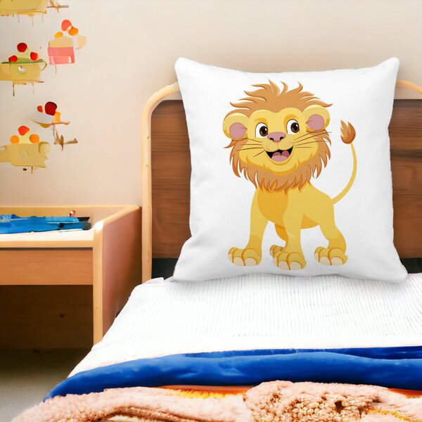 Perna Decorativa Patrata copii Little Lion, 40x40 cm, Alba, Mata, Husa Detasabila, Burduf 13 Alba