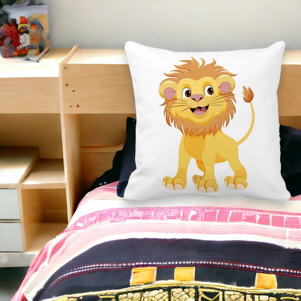 Perna Decorativa Patrata copii Little Lion, 40x40 cm, Alba, Mata, Husa Detasabila, Burduf 14 Mata