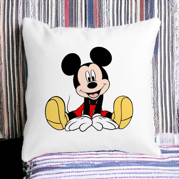 Perna Decorativa Patrata copii Mickey Mouse, 40x40 cm, Alba, Mata, Husa Detasabila, Burduf 13 Alba