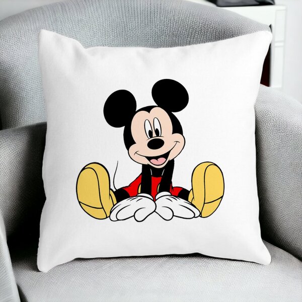 Perna Decorativa Patrata copii Mickey Mouse, 40x40 cm, Alba, Mata, Husa Detasabila, Burduf 14 Mata