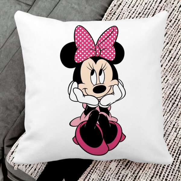 Perna Decorativa Patrata copii Minnie Mouse, 40x40 cm, Alba, Mata, Husa Detasabila, Burduf 14 Mata