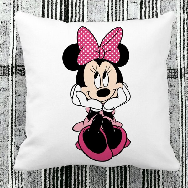 Perna Decorativa Patrata copii Minnie Mouse, 40x40 cm, Alba, Mata, Husa Detasabila, Burduf 15 Husa Detasabila
