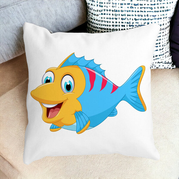 Perna Decorativa Patrata copii Peste Albastru, 40x40 cm, Alba, Mata, Husa Detasabila, Burduf 14 Mata