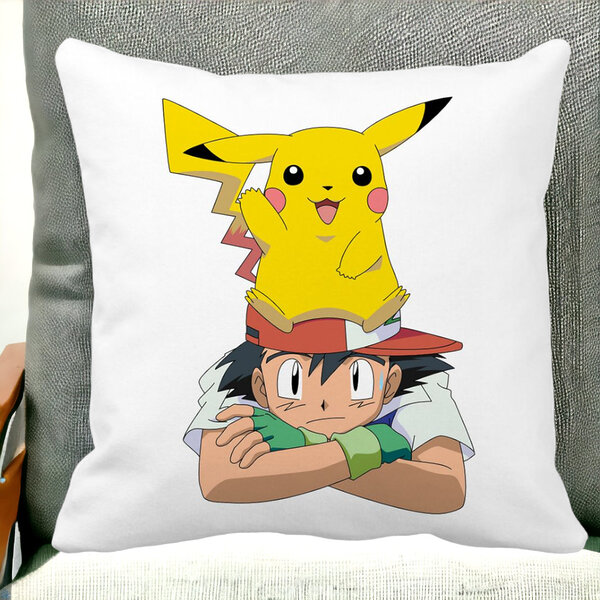 Perna Decorativa Patrata copii Pikachu Pokemon, 40x40 cm, Alba, Mata, Husa Detasabila, Burduf 12 40x40 cm