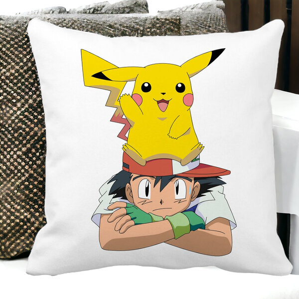 Perna Decorativa Patrata copii Pikachu Pokemon, 40x40 cm, Alba, Mata, Husa Detasabila, Burduf 14 Mata