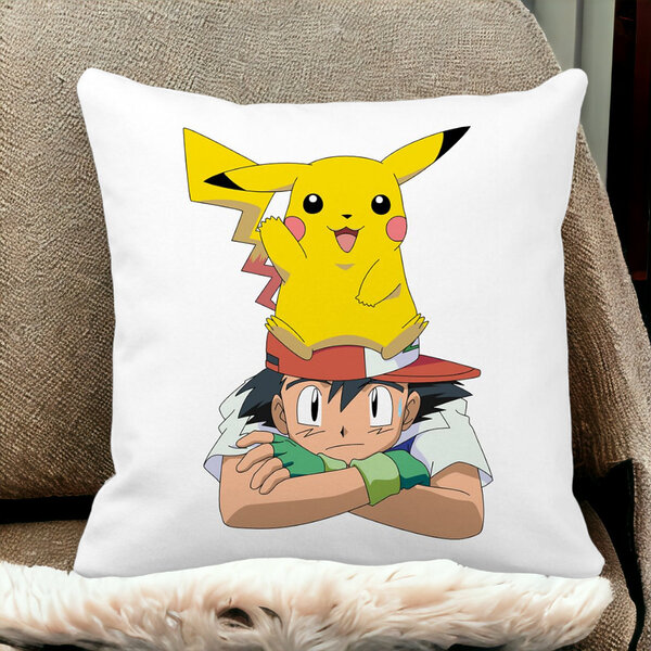 Perna Decorativa Patrata copii Pikachu Pokemon, 40x40 cm, Alba, Mata, Husa Detasabila, Burduf 15 Husa Detasabila