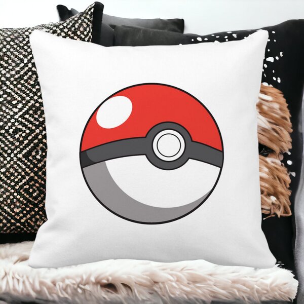 Perna Decorativa Patrata copii Pokeball, 40x40 cm, Alba, Mata, Husa Detasabila, Burduf 13 Alba