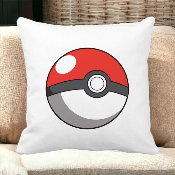 Perna Decorativa Patrata copii Pokeball, 40x40 cm, Alba, Mata, Husa Detasabila, Burduf 14 Mata