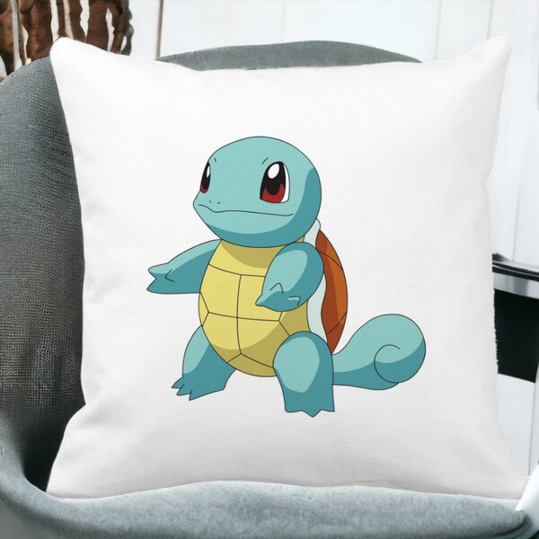 Perna Decorativa Patrata copii Squirtle, 40x40 cm, Alba, Mata, Husa Detasabila, Burduf 14 Mata
