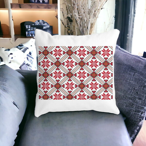 Perna Decorativa Patrata cu Motive Romanesti 2,40x40 cm, Alba, Mata, Husa Detasabila, Burduf 12 40x40 cm