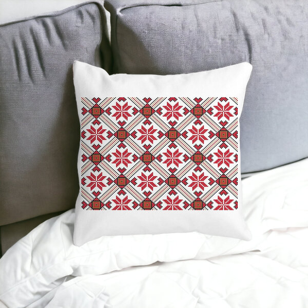 Perna Decorativa Patrata cu Motive Romanesti 2,40x40 cm, Alba, Mata, Husa Detasabila, Burduf 13 Alba
