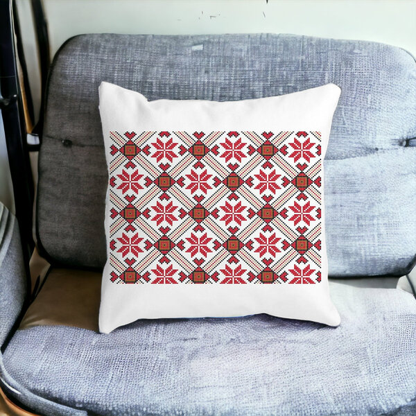 Perna Decorativa Patrata cu Motive Romanesti 2,40x40 cm, Alba, Mata, Husa Detasabila, Burduf 14 Mata