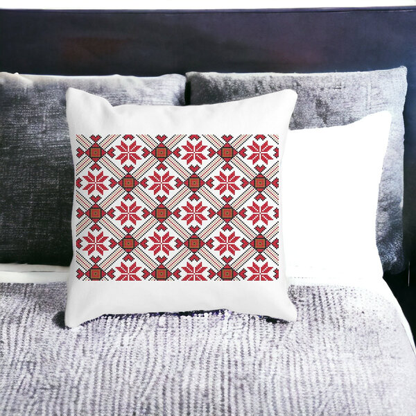 Perna Decorativa Patrata cu Motive Romanesti 2,40x40 cm, Alba, Mata, Husa Detasabila, Burduf 15 Husa Detasabila