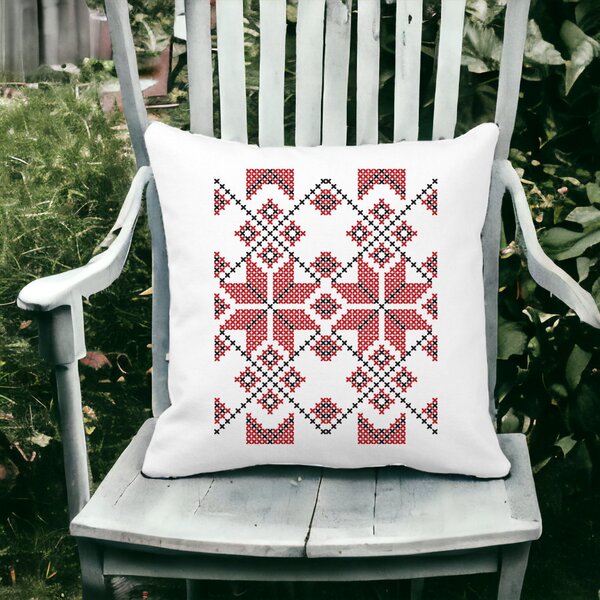 Perna Decorativa Patrata cu Motive Romanesti, 40x40 cm, Alba, Mata, Husa Detasabila, Burduf 12 40x40 cm