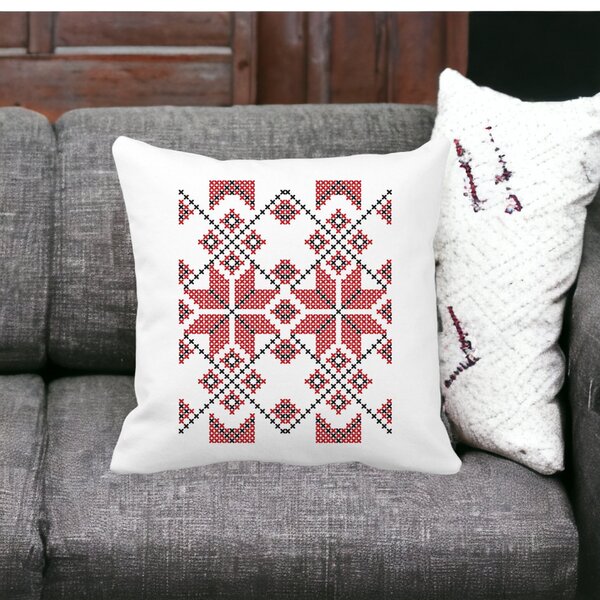 Perna Decorativa Patrata cu Motive Romanesti, 40x40 cm, Alba, Mata, Husa Detasabila, Burduf 13 Alba