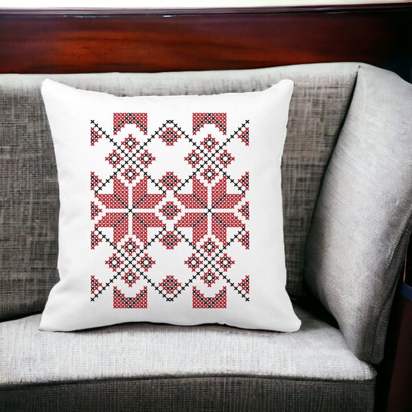 Perna Decorativa Patrata cu Motive Romanesti, 40x40 cm, Alba, Mata, Husa Detasabila, Burduf 14 Mata