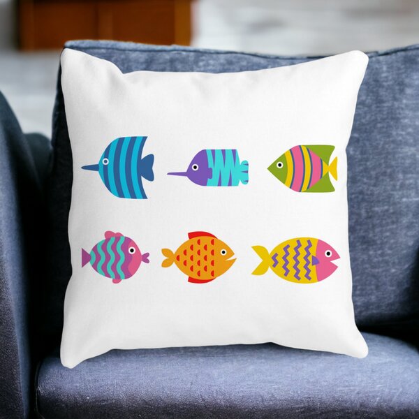 Perna Decorativa Patrata cu Pesti Multicolor, 40x40 cm, Alba, Mata, Husa Detasabila, Burduf 12 40x40 cm