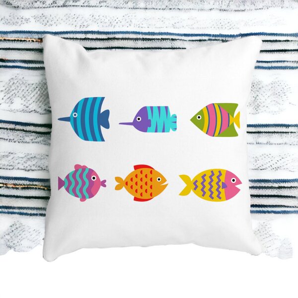 Perna Decorativa Patrata cu Pesti Multicolor, 40x40 cm, Alba, Mata, Husa Detasabila, Burduf 13 Alba