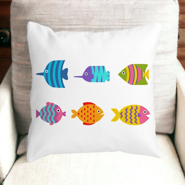 Perna Decorativa Patrata cu Pesti Multicolor, 40x40 cm, Alba, Mata, Husa Detasabila, Burduf 14 Mata