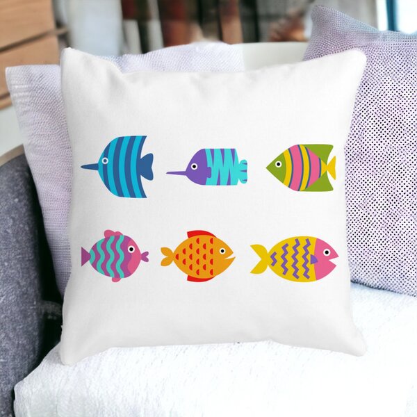 Perna Decorativa Patrata cu Pesti Multicolor, 40x40 cm, Alba, Mata, Husa Detasabila, Burduf 15 Husa Detasabila