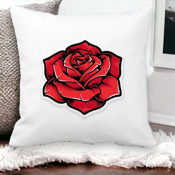 Perna Decorativa Patrata cu Trandafir Rosu, 40x40 cm, Alba, Mata, Husa Detasabila, Burduf 13 Alba