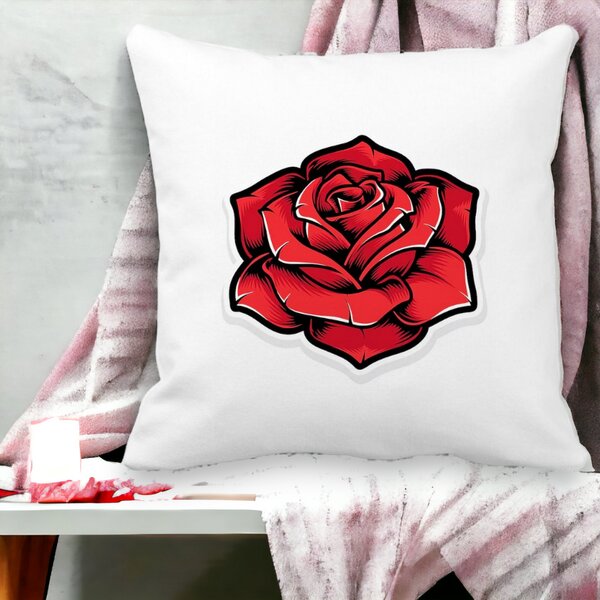Perna Decorativa Patrata cu Trandafir Rosu, 40x40 cm, Alba, Mata, Husa Detasabila, Burduf 14 Mata