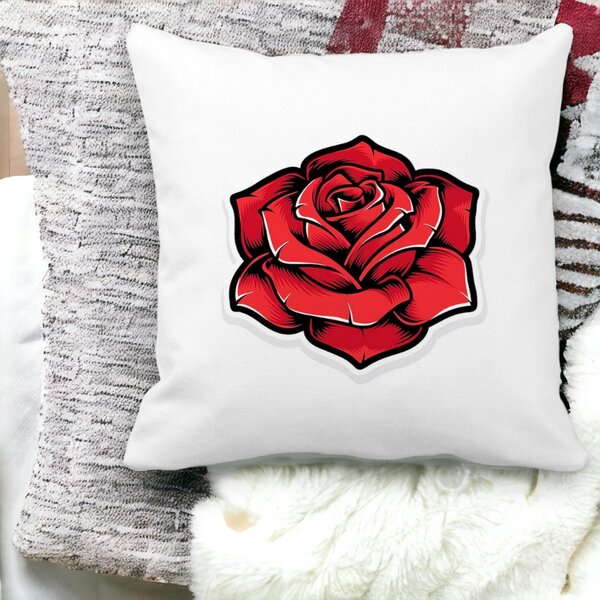 Perna Decorativa Patrata cu Trandafir Rosu, 40x40 cm, Alba, Mata, Husa Detasabila, Burduf 15 Husa Detasabila