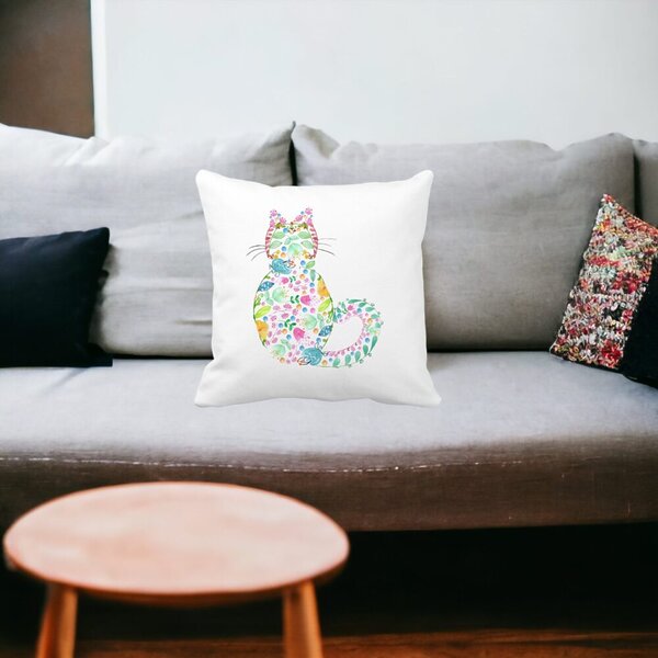 Perna Decorativa Pisica cu Flori, Multicolor, 40x40 cm, Alba, Mata, Husa Detasabila, Burduf 14 Multicolor