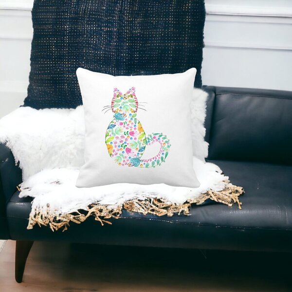 Perna Decorativa Pisica cu Flori, Multicolor, 40x40 cm, Alba, Mata, Husa Detasabila, Burduf 15 40x40 cm