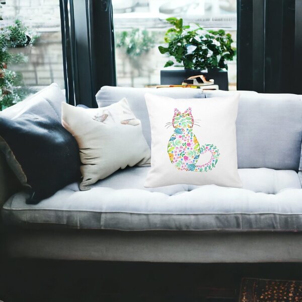 Perna Decorativa Pisica cu Flori, Multicolor, 40x40 cm, Alba, Mata, Husa Detasabila, Burduf 16 Alba