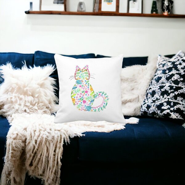 Perna Decorativa Pisica cu Flori, Multicolor, 40x40 cm, Alba, Mata, Husa Detasabila, Burduf 17 Mata