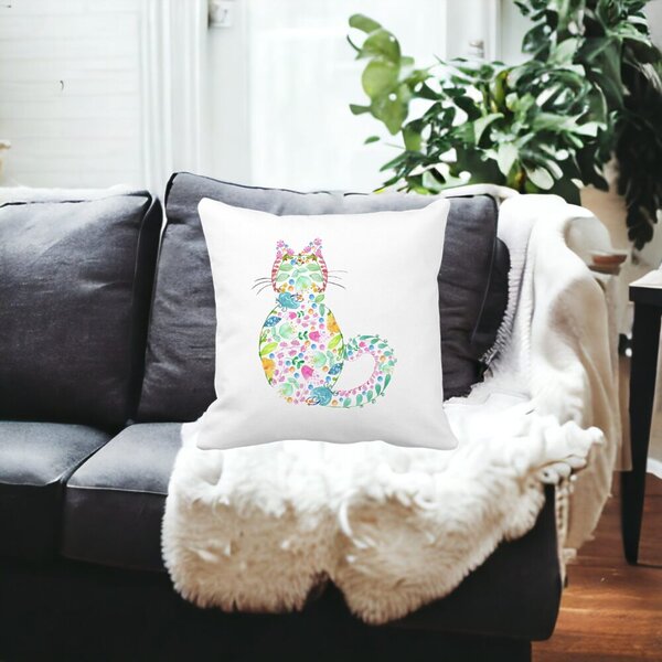 Perna Decorativa Pisica cu Flori, Multicolor, 40x40 cm, Alba, Mata, Husa Detasabila, Burduf 18 Husa Detasabila