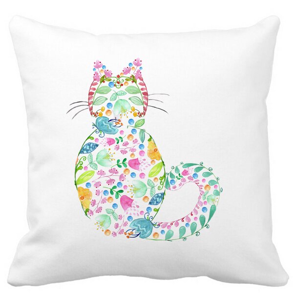 Perna Decorativa Pisica cu Flori, Multicolor, 40x40 cm, Alba, Mata, Husa Detasabila, Burduf 13 Perna Decorativa Pisica cu Flori