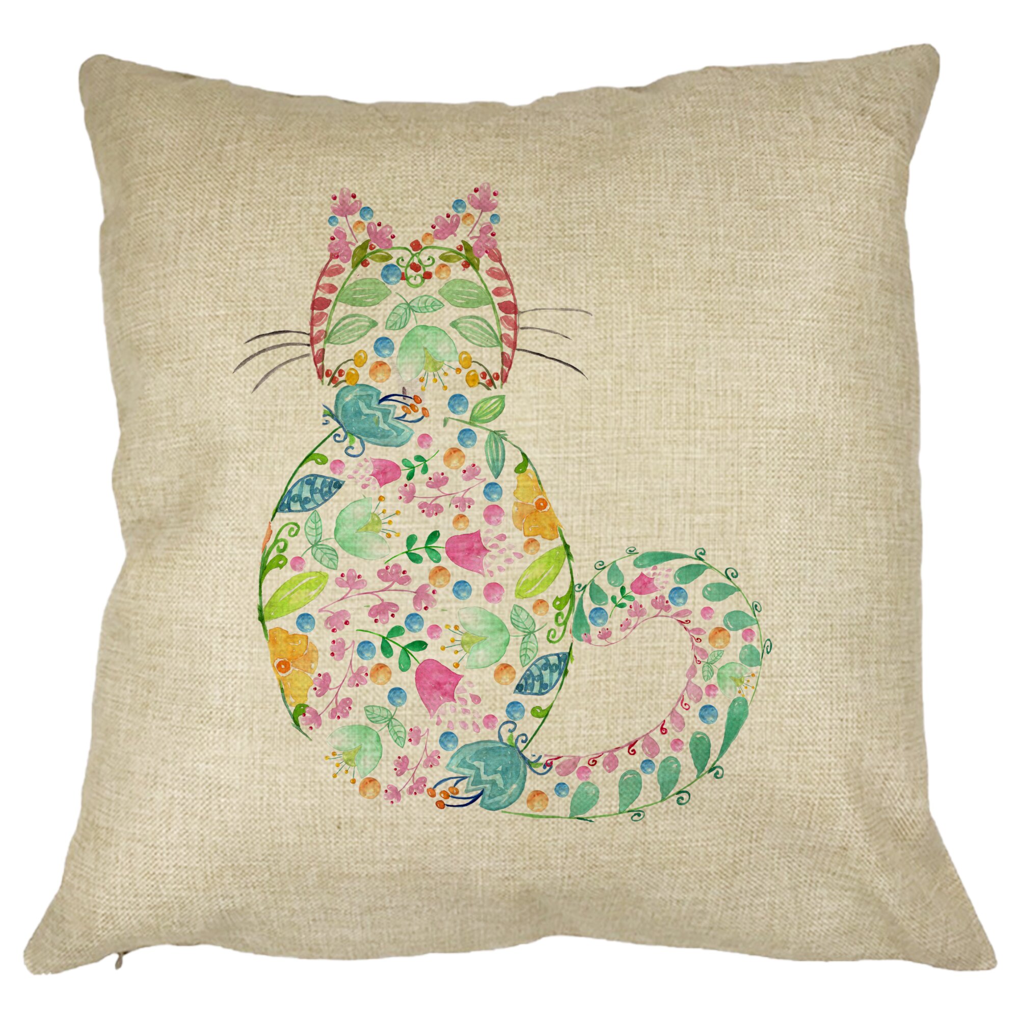 Perna Decorativa Pisica cu Flori, Multicolor, 40x40 cm, Husa Detasabila, Burduf 11 Perna Decorativa Pisica cu Flori
