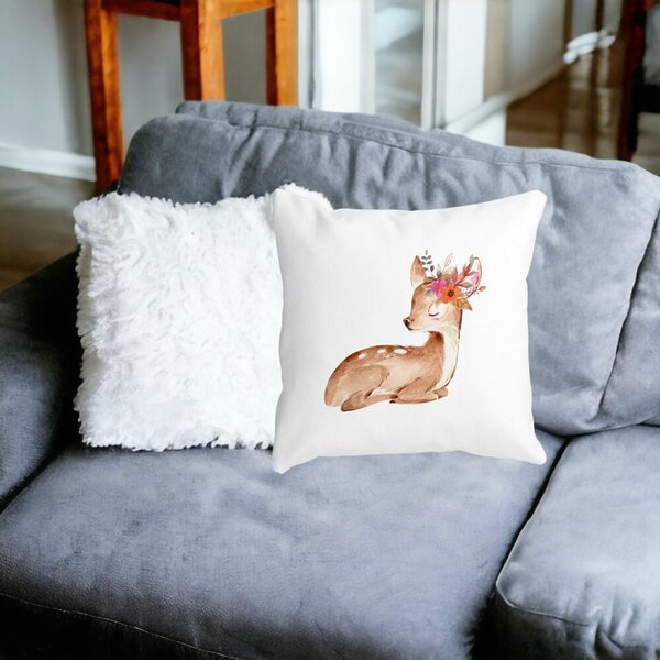 Perna Decorativa Pui de Caprioara, 40x40 cm, Alba, Mata, Husa Detasabila, Burduf 16 Mata