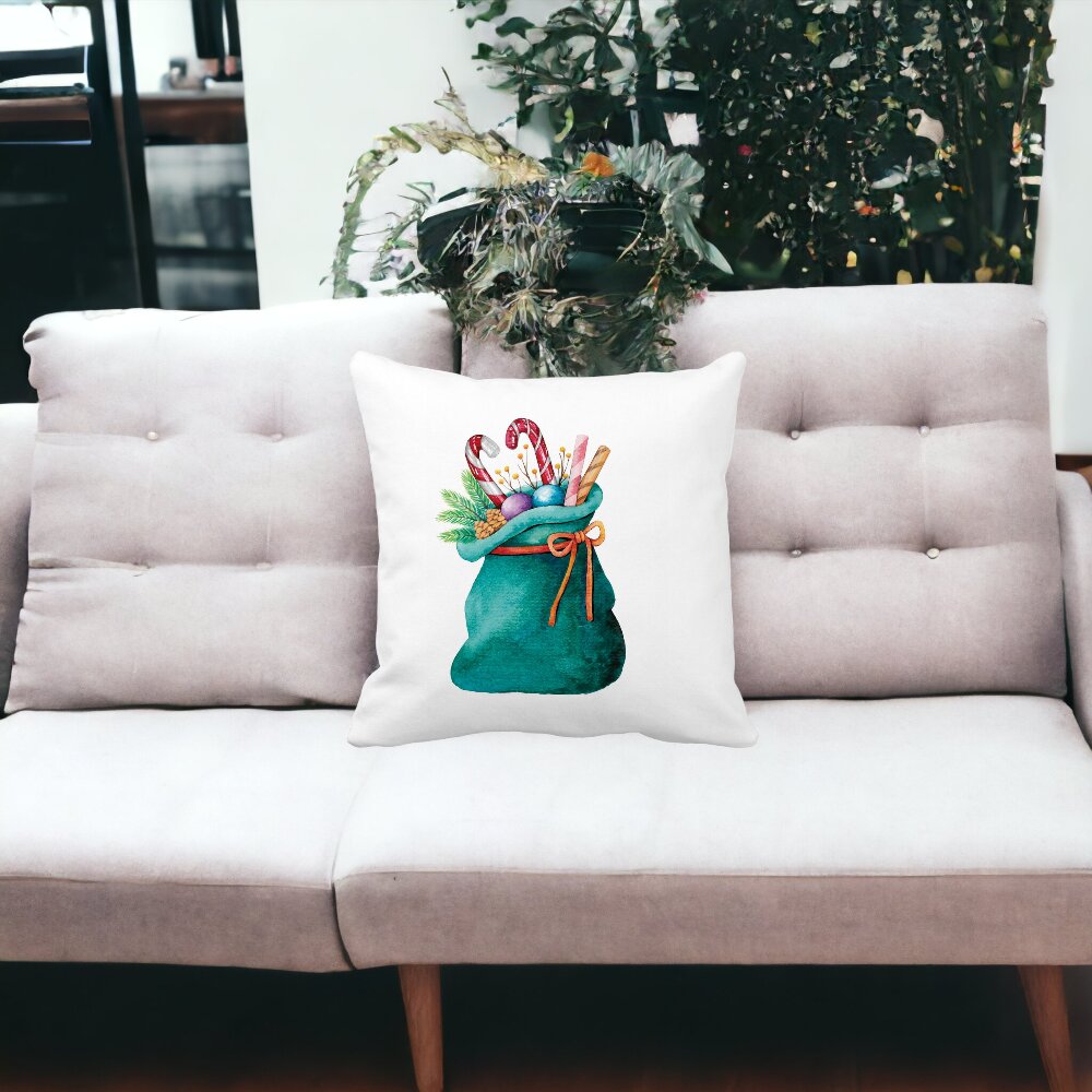 Perna Decorativa Sacul lui Mos Craciun cu cadouri, 40x40 cm, Alba, Mata, Husa Detasabila, Burduf 13 Alba