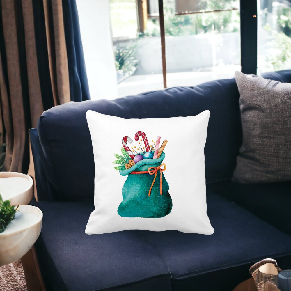 Perna Decorativa Sacul lui Mos Craciun cu cadouri, 40x40 cm, Alba, Mata, Husa Detasabila, Burduf 14 Mata
