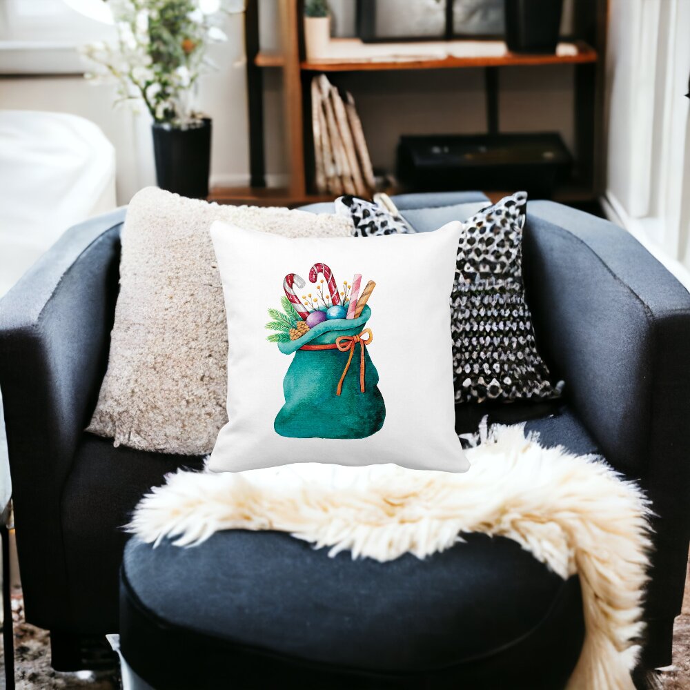 Perna Decorativa Sacul lui Mos Craciun cu cadouri, 40x40 cm, Alba, Mata, Husa Detasabila, Burduf 15 Husa Detasabila
