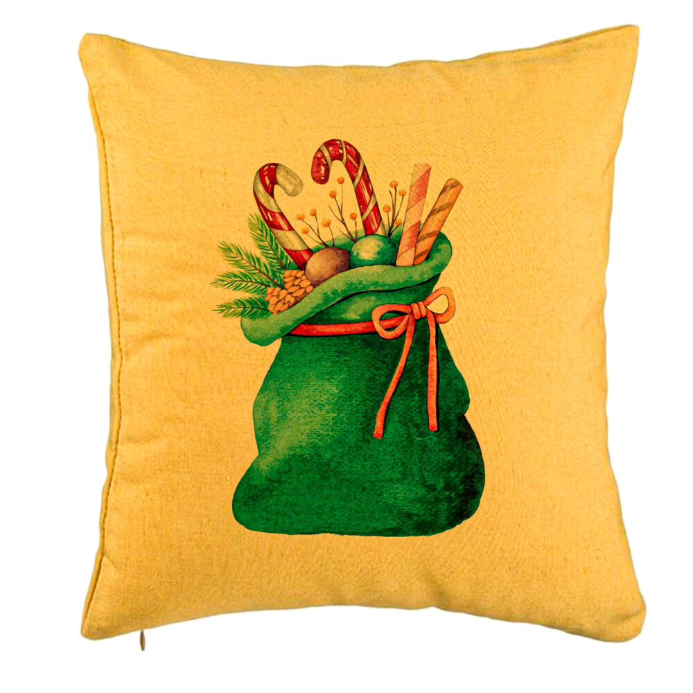 Perna Decorativa Sacul lui Mos Craciun cu cadouri, 40x40 cm, Galben, Husa Detasabila, Burduf 5 Perna Decorativa Sacul lui Mos Craciun cu cadouri