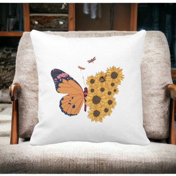 Perna Decorativa, SunFlower Butterfly, 40x40 cm, Alba, Mata, Husa Detasabila, Burduf 12 SunFlower Butterfly