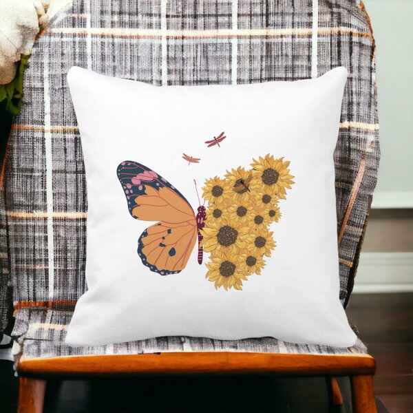 Perna Decorativa, SunFlower Butterfly, 40x40 cm, Alba, Mata, Husa Detasabila, Burduf 13 40x40 cm