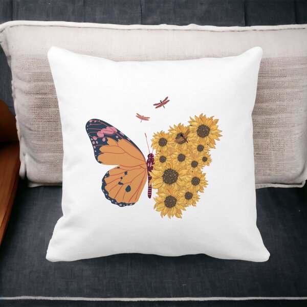 Perna Decorativa, SunFlower Butterfly, 40x40 cm, Alba, Mata, Husa Detasabila, Burduf 14 Alba