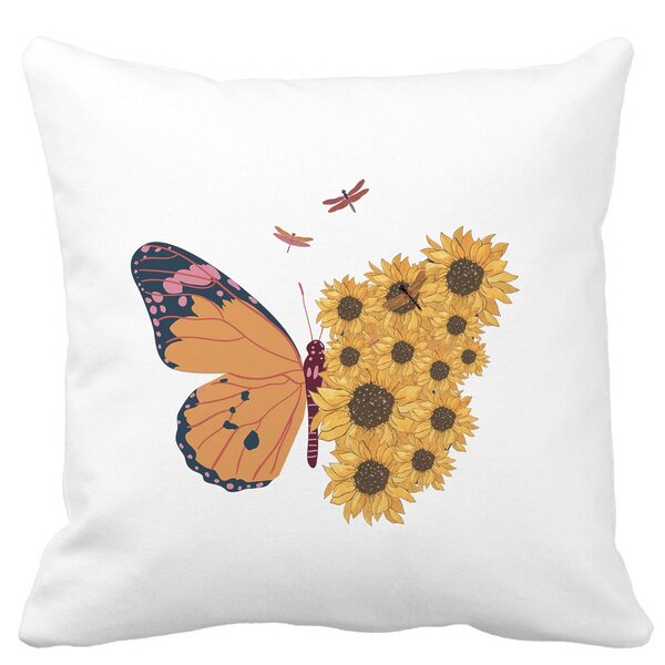 Perna Decorativa, SunFlower Butterfly, 40x40 cm, Alba, Mata, Husa Detasabila, Burduf 11 Perna Decorativa