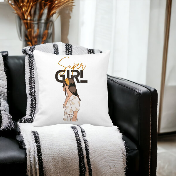 Perna Decorativa, Super Girl, 40x40 cm, Alba, Mata, Husa Detasabila, Burduf 13 40x40 cm