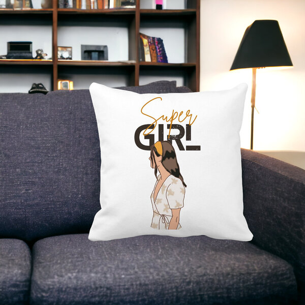 Perna Decorativa, Super Girl, 40x40 cm, Alba, Mata, Husa Detasabila, Burduf 15 Mata