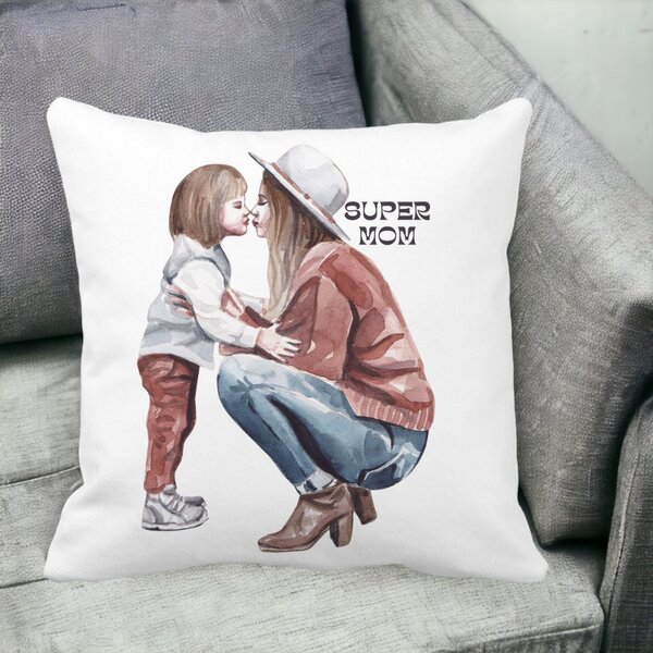 Perna Decorativa, Super Mom, 40x40 cm, Alba, Mata, Husa Detasabila, Burduf 12 Super Mom